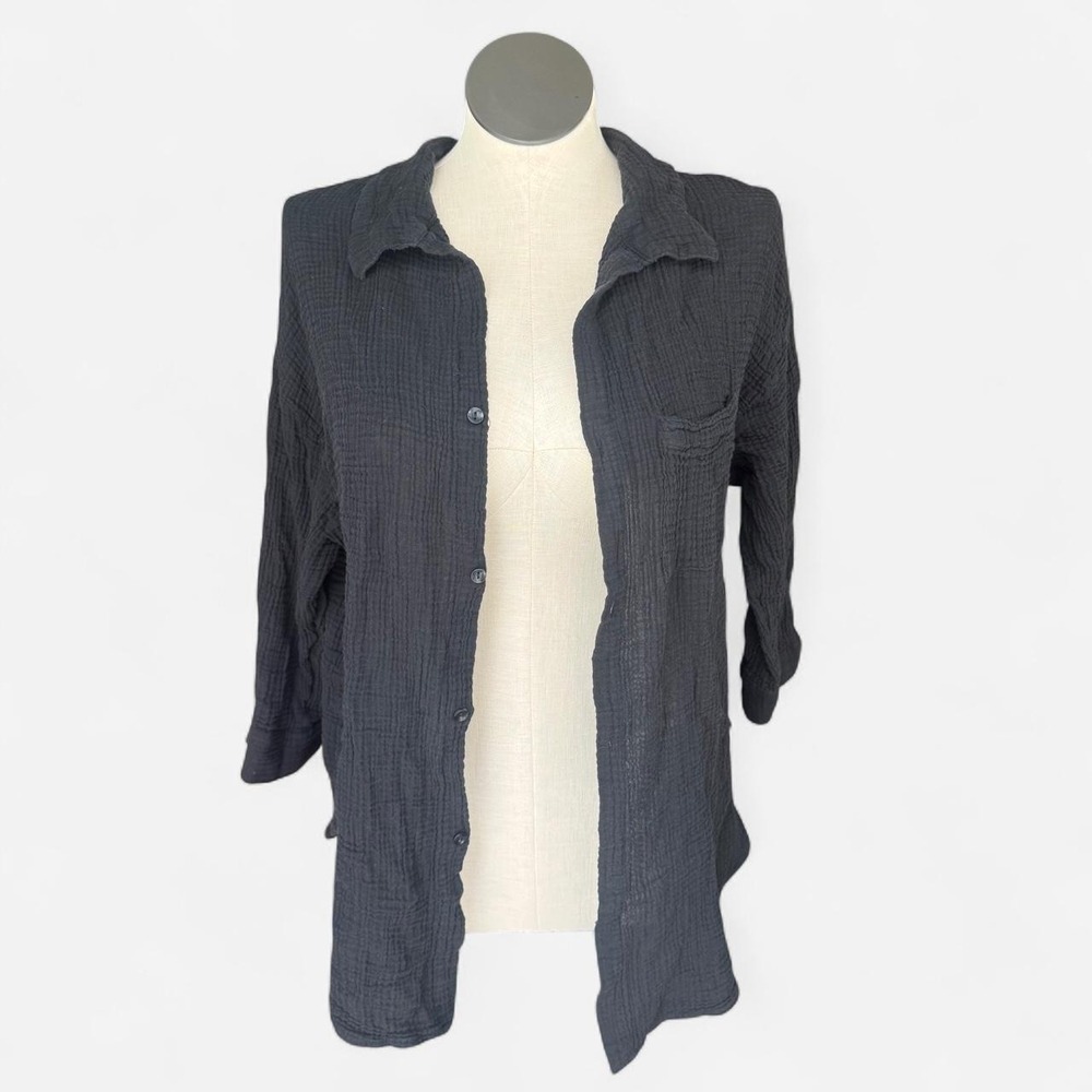 Black cotton gauze button up shirt